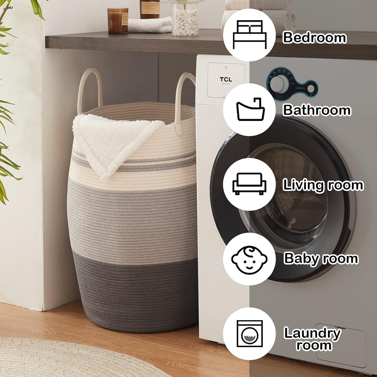 OIAHOMY 105L Laundry Hamper Cotton Rope Large Clothes Hamper Dark Grey