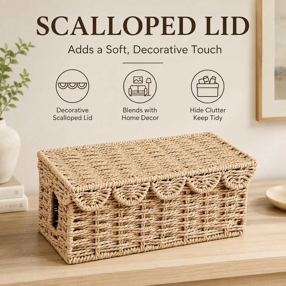 Woven Cable Management Box with Scalloped Lid, 13 Inch Cord Box