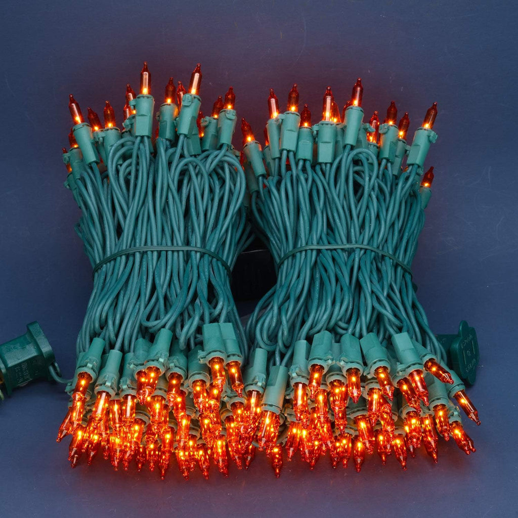 200 Orange Christmas Lights, 2 Set 33 ft 100 ct Green Wire UL String Light