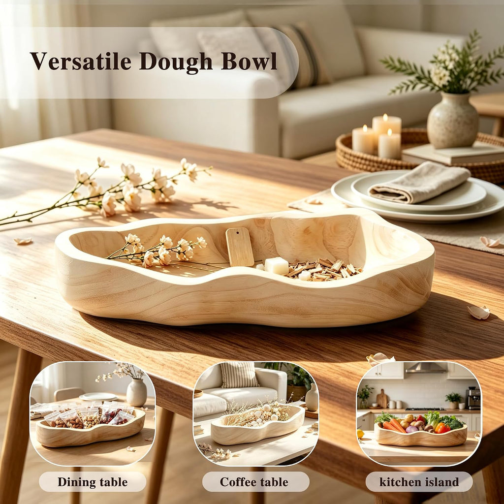 16 Inch Wavy‑Edge Wooden Dough Bowl, Large Decorative Bowl for Home Decor