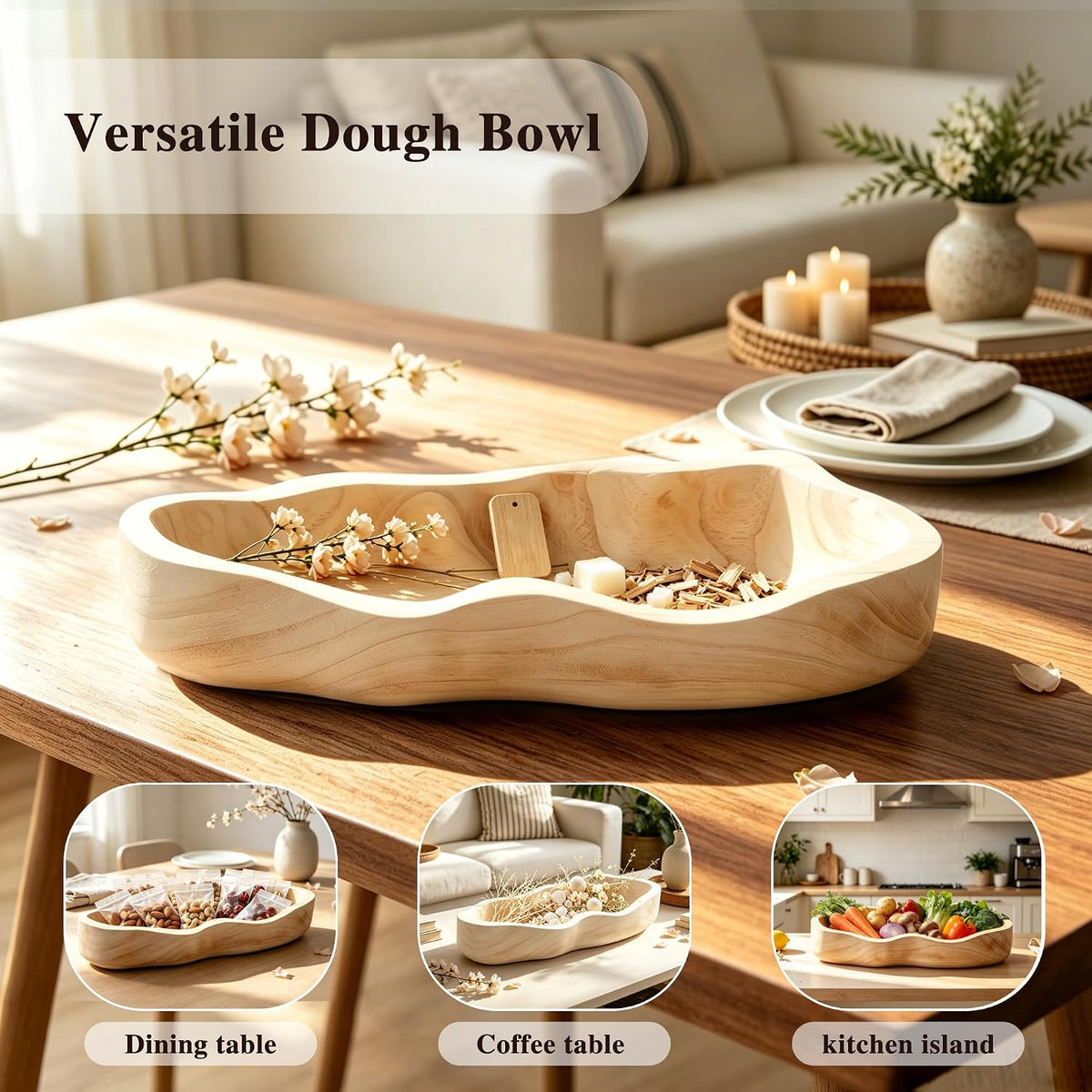 16 Inch Wavy‑Edge Wooden Dough Bowl, Large Decorative Bowl for Home Decor