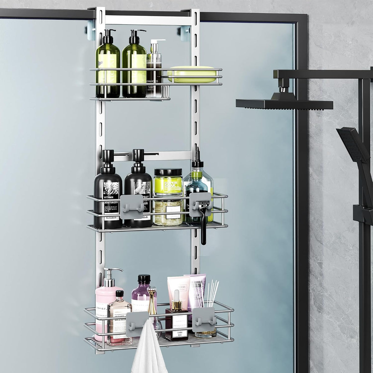 Orimade Over The Door Shower Caddy Adjustable 3 Tier Silver,Bathroom Hanging Organizer Shelf Rustproof with 4 Hooks,Shower Basket with Soap Holder and Suction Cup
