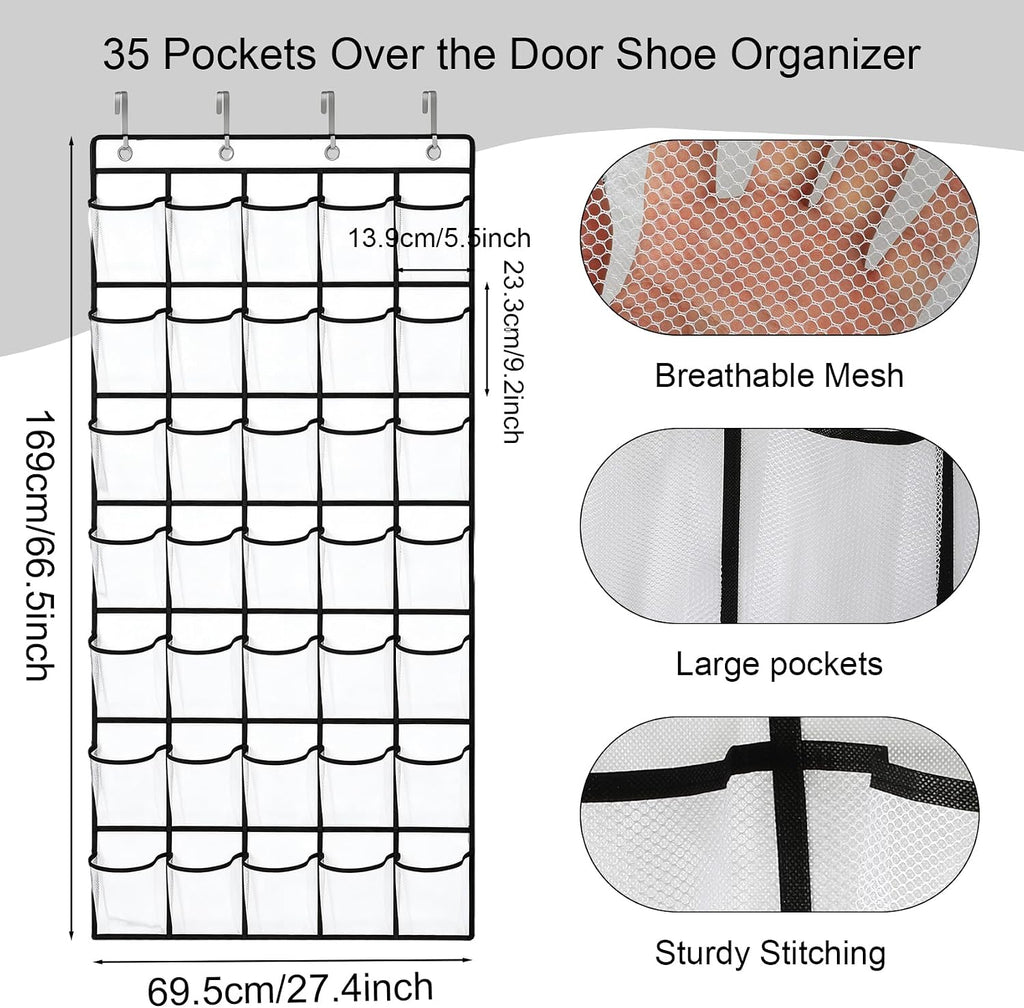 35 Pockets Over The Door Shoe Organizer, Large Breathable Mesh Hanging Shoe Rack with 4 Metal Hooks, Space Saving White Over Door Shoe Storage Holder Mesh Bag for Closet Entryway Bedroom Pantry