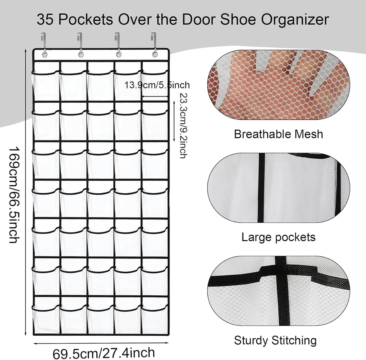 35 Pockets Over The Door Shoe Organizer, Large Breathable Mesh Hanging Shoe Rack with 4 Metal Hooks, Space Saving White Over Door Shoe Storage Holder Mesh Bag for Closet Entryway Bedroom Pantry