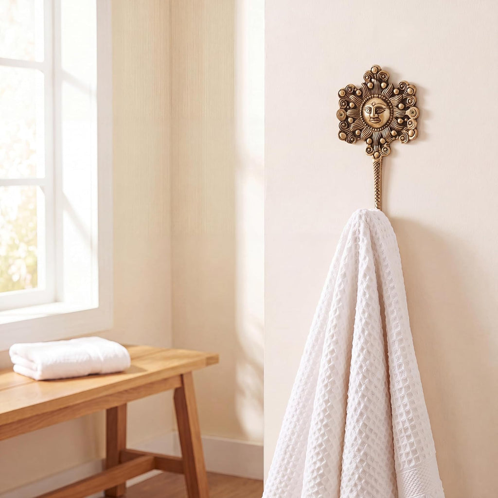 IndianShelf 3 Brass Sunflower Wall Hooks Vintage Gold Coat Key Towel Hanger