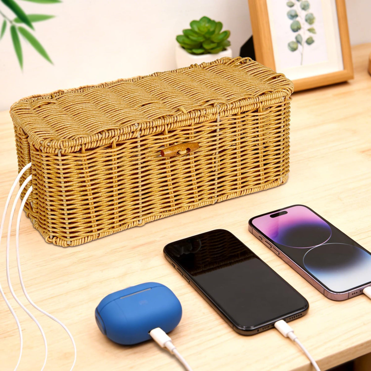 2 Pcs Handwoven Rattan Cable Management Box,Cord Organizer Box with Lid,Open-Slot Cord Hiding Basket,Decorative Storage Box for Hiding Computers, Tv, Power Sockets, USB Hubs