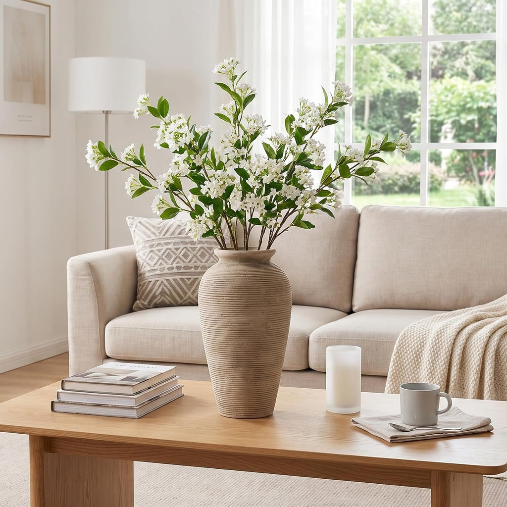 11.02 Inch Tall Vintage White Ceramic Flower Vase, Rustic Farmhouse Beige Stone Texture Vase for Home Decor, Decorative Terracotta Vase for Table Centerpiece Living Room Bathroom (Rustic-11.02'')