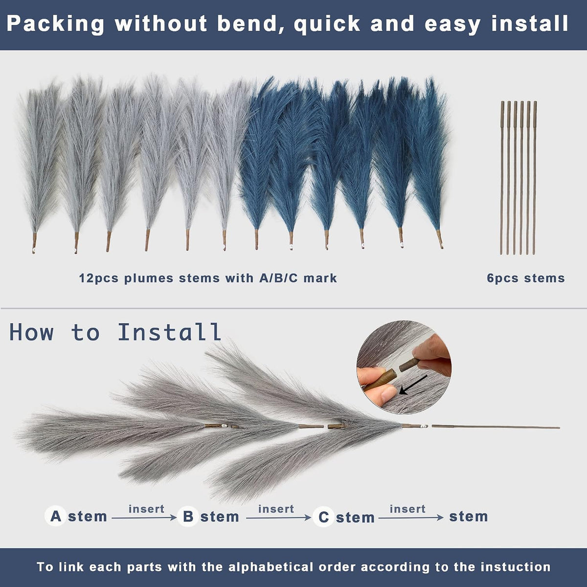4pcs Faux Pampas Grass Tall 43” / 3.6ft, Non-Shedding Large Artificial Fluffy Reed Fake Flower Feather Arrangement for Floor Vase Filler Boho Farmhouse Home Wedding Decor (Grey& Navy Blue)