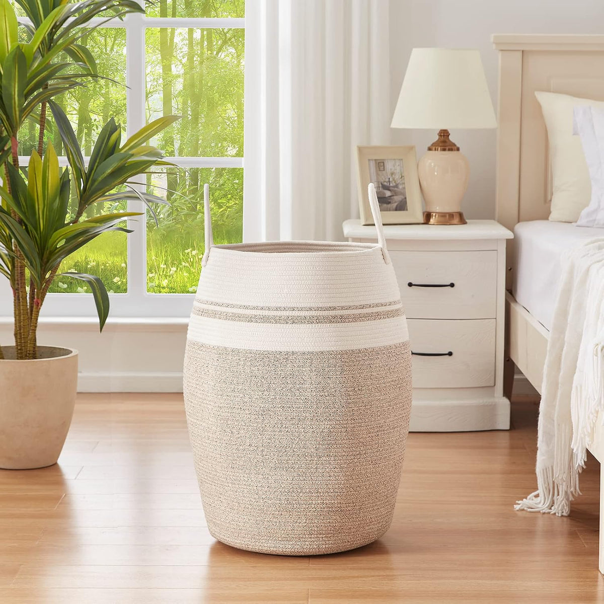 OIAHOMY 105L Laundry Hamper Woven Cotton Rope Large Clothes Hamper Brown