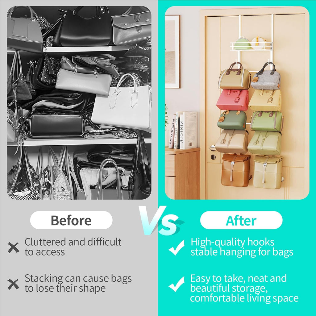HapiRm Over the Door Purse Organizer - Wall Mounted Purse Rack with 10 Hooks and Metal Basket, Hanging Handbag Organizer Holds up to 10 Bags, Bag Rack Can Use As 1/2 Part, for Door, Closet (White)