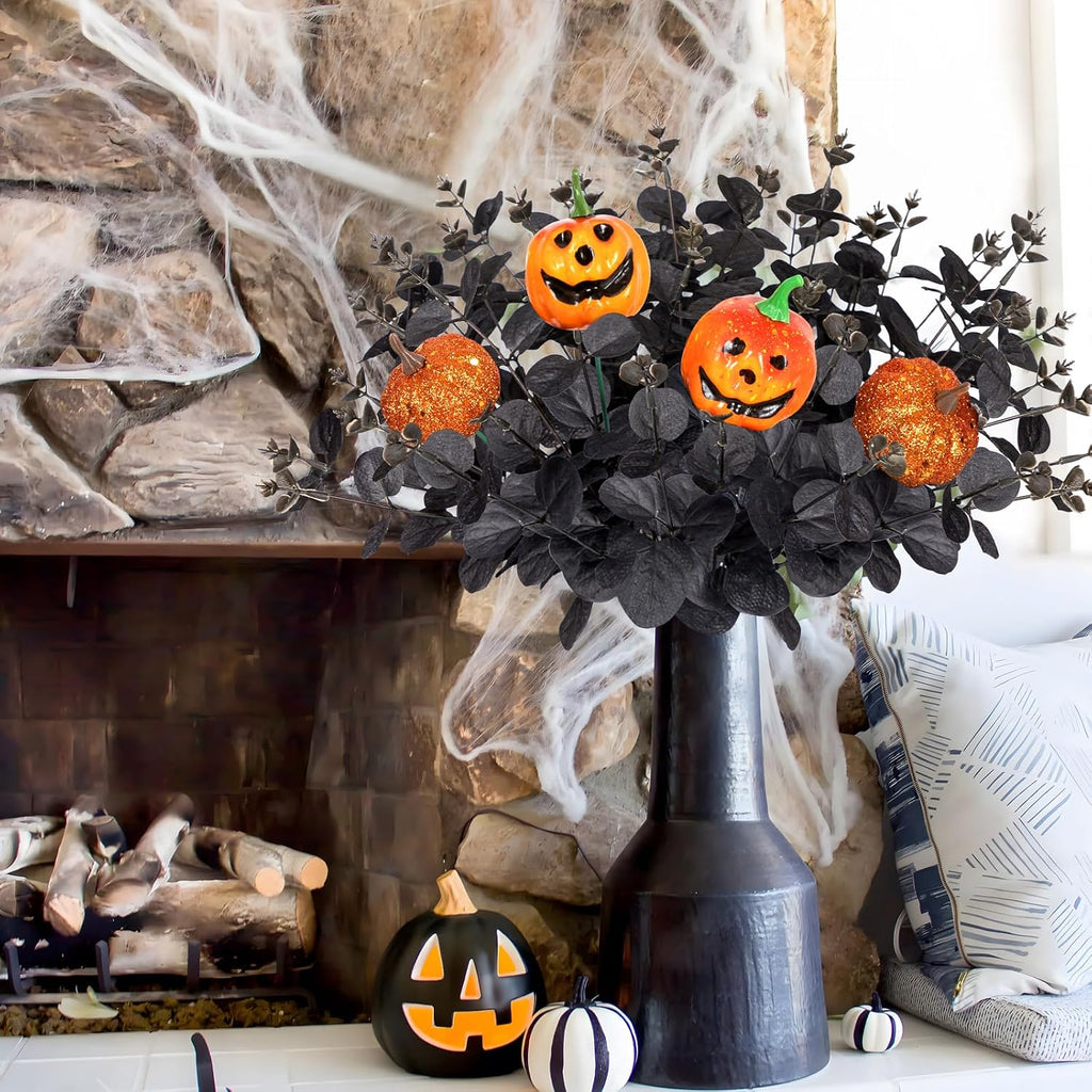 Yen Jean 12PCS Black Halloween Pumpkin Decorations Indoor Artificial Fake Flowers: Eucalyptus Branches Stems Table Centerpieces Decor