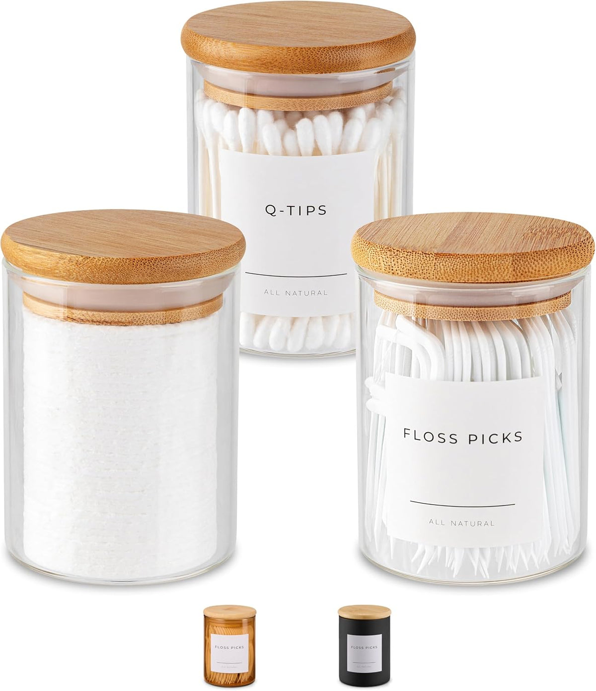 Vase and Vessel Mini Glass Apothecary Jars with Bamboo Lids, Small Bathroom and Kitchen Storage Containers, For Cotton Balls, Pads and Swabs, 10 oz, Set of 3 (Clear)