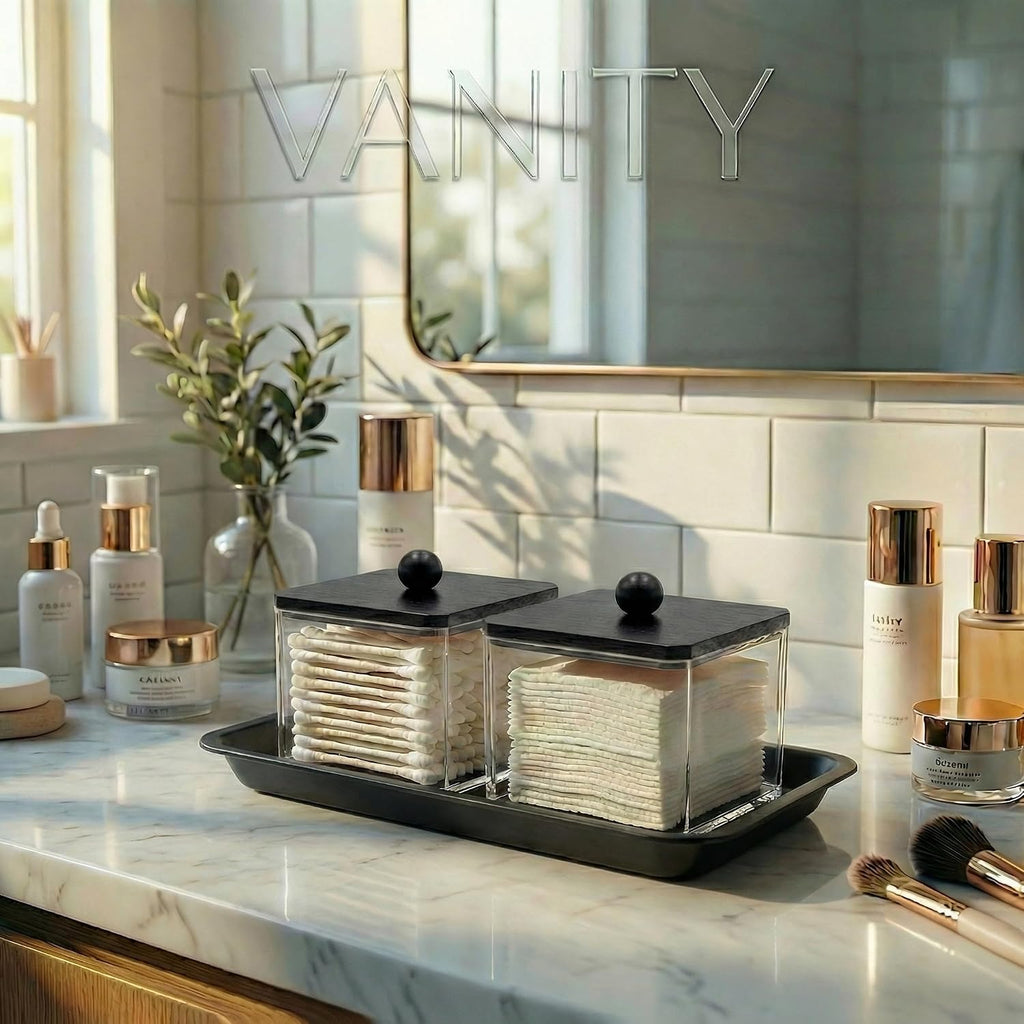 SheeChung 1 Pack Square Acrylic Qtip Holder with Black Wood Lid
