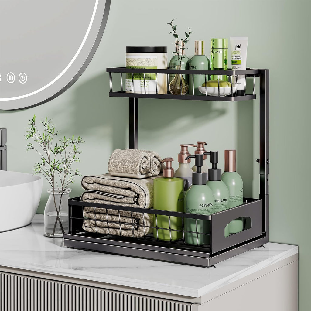 Under Sink Organizer, 1-Pack L-Shaped Metal Pull-Out Drawers for Kitchen