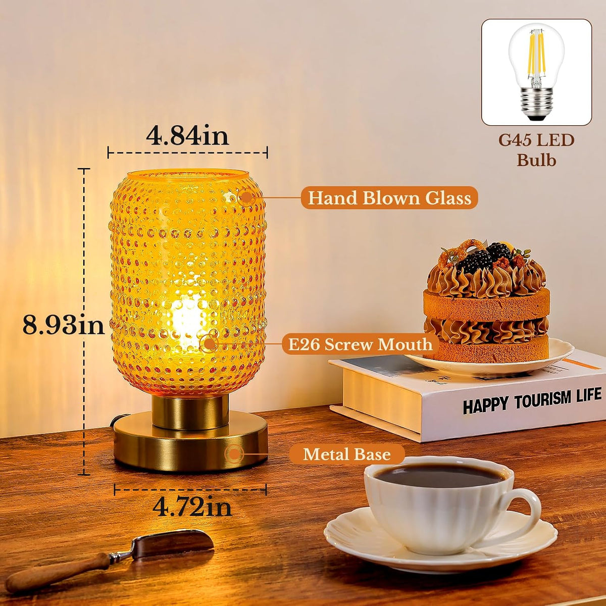 ZYER 8.9in Amber Table Lamp, Touch Control Lamp, Small Vintage Lamp