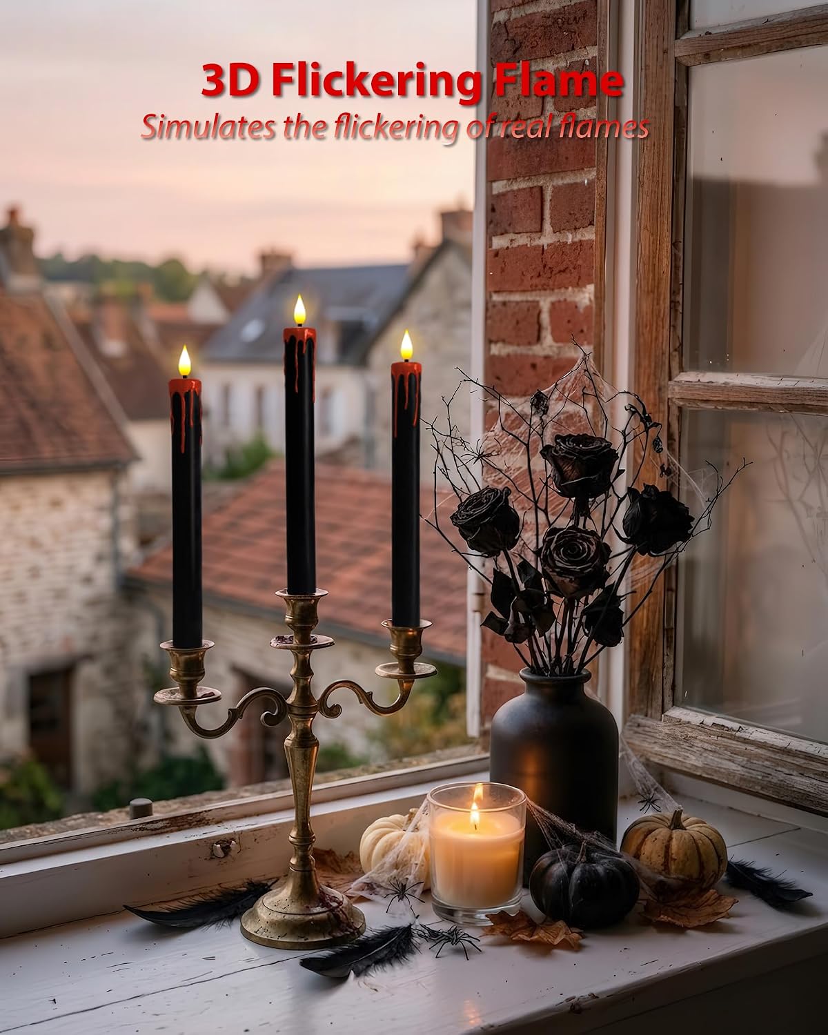 Homemory Black Bleeding Real Wax Flameless Taper Candles, 9.6 Inch Battery Operated LED Candlesticks with Remote Control and Timer, Realistic Dripless for Halloween Spooky Dark Decor 6 Pack
