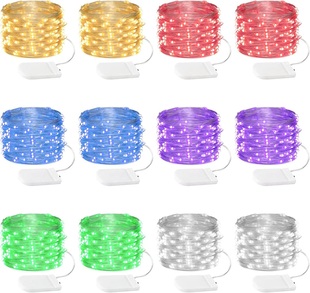 12 Pack Fairy Lights Battery Operated String Lights，7FT 20LED Waterproof Silver Wire Christmas Lights Outdoor,Firefly Mini Lights for Bedroom Party Birthday Wedding Indoor Decorations.