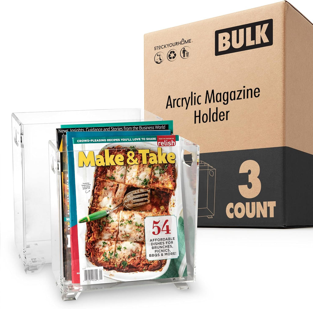 Stock Your Home Acrylic Magazine Holder (3 Pack), Crystal Clear Shatterproof Organizer with Open Top – Space-Saving Display for Office, Reception, Desk, and Waiting Room
