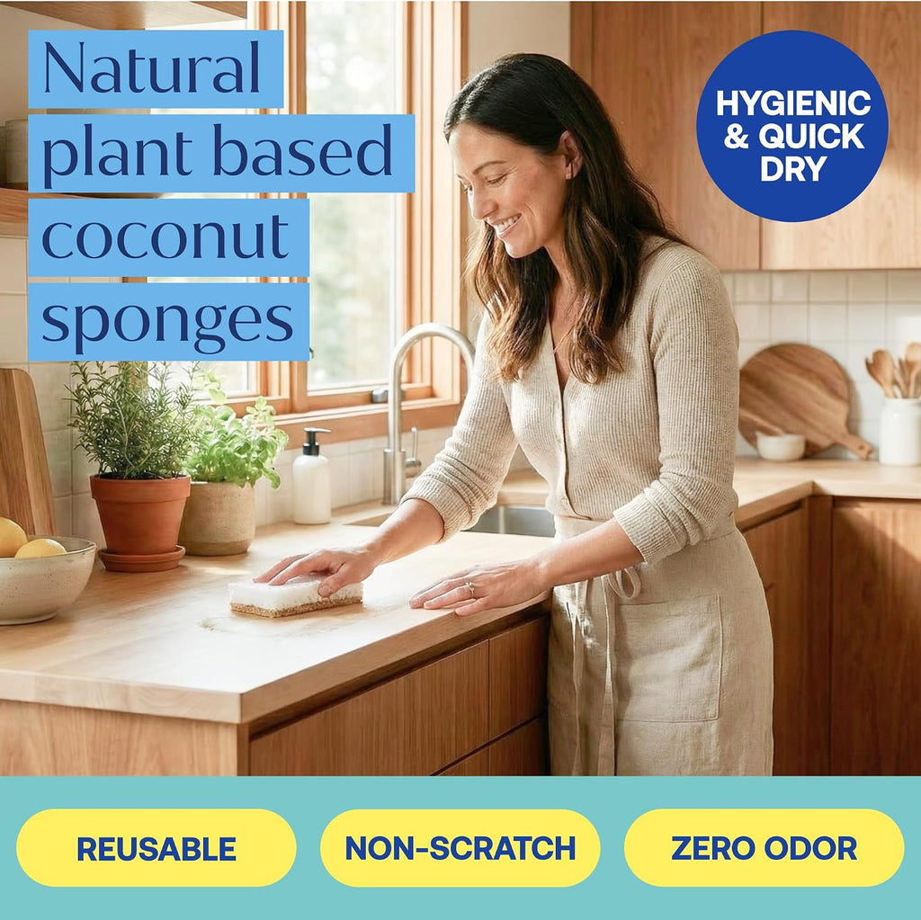 Fab Tab Coconut Cellulose Sponges - Non-Scratch Kitchen Cleaning, 12 Pack