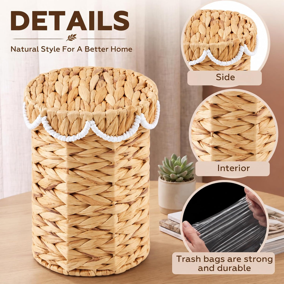 Ziliny 2 Pcs 1.7 Gallon Wicker Trash Can with Lid, Nature Waste Basket