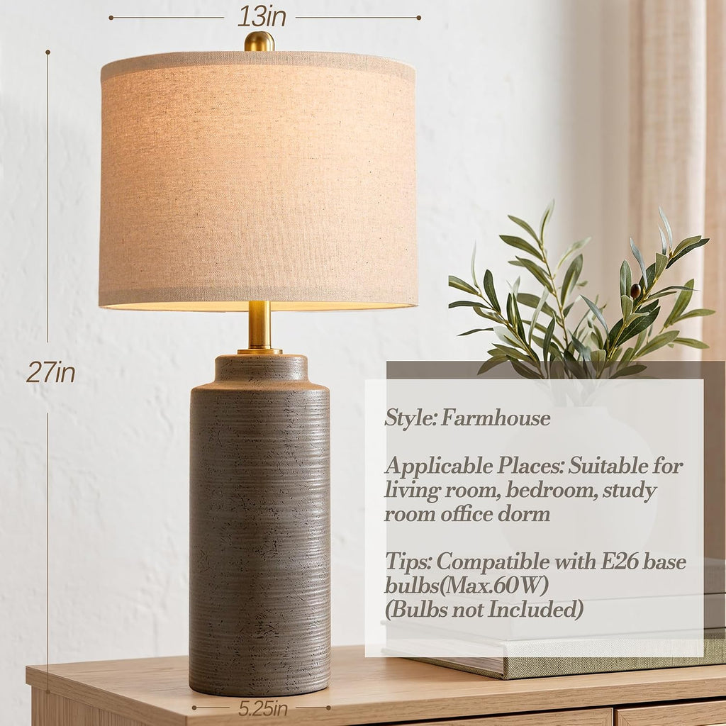 PARTPHONER 27" Vintage Ceramic Table Lamp Set of 2, Rustic Farmhouse Bedside Lamps with Ribbed Textured Finish, Greyish Brown Earth Tone Nightstand Lamps for Living Room Bedroom End Tables Home Decor