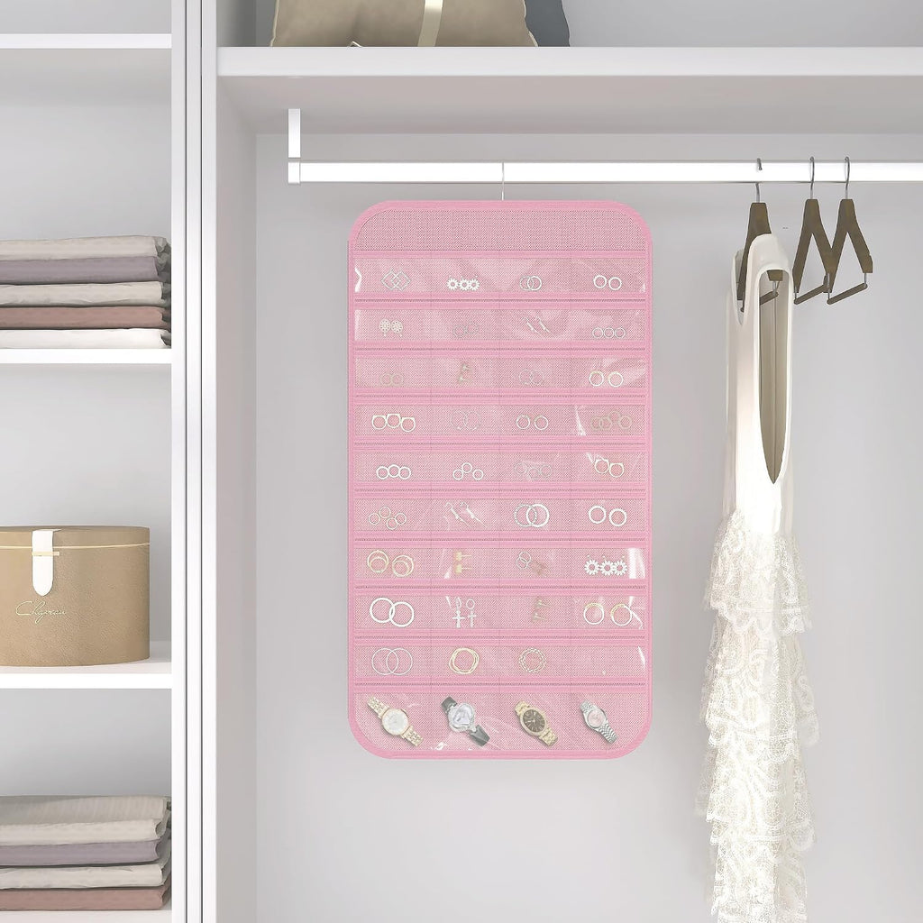 Double-Sided Hanging Jewelry Organizer for Necklaces Earrings, 2-Pack, Pink