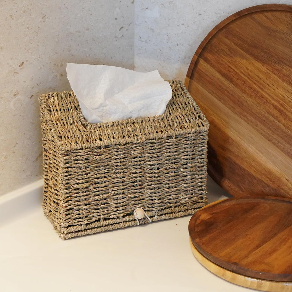 Seagrass Hand Towels Box Cover for Kleenex Disposable Paper Hand Towels, Handwoven Towel Holder, Wicker Tissue Box Cover for Bathroom, Bedroom, Office, Tabletop, Kitchen