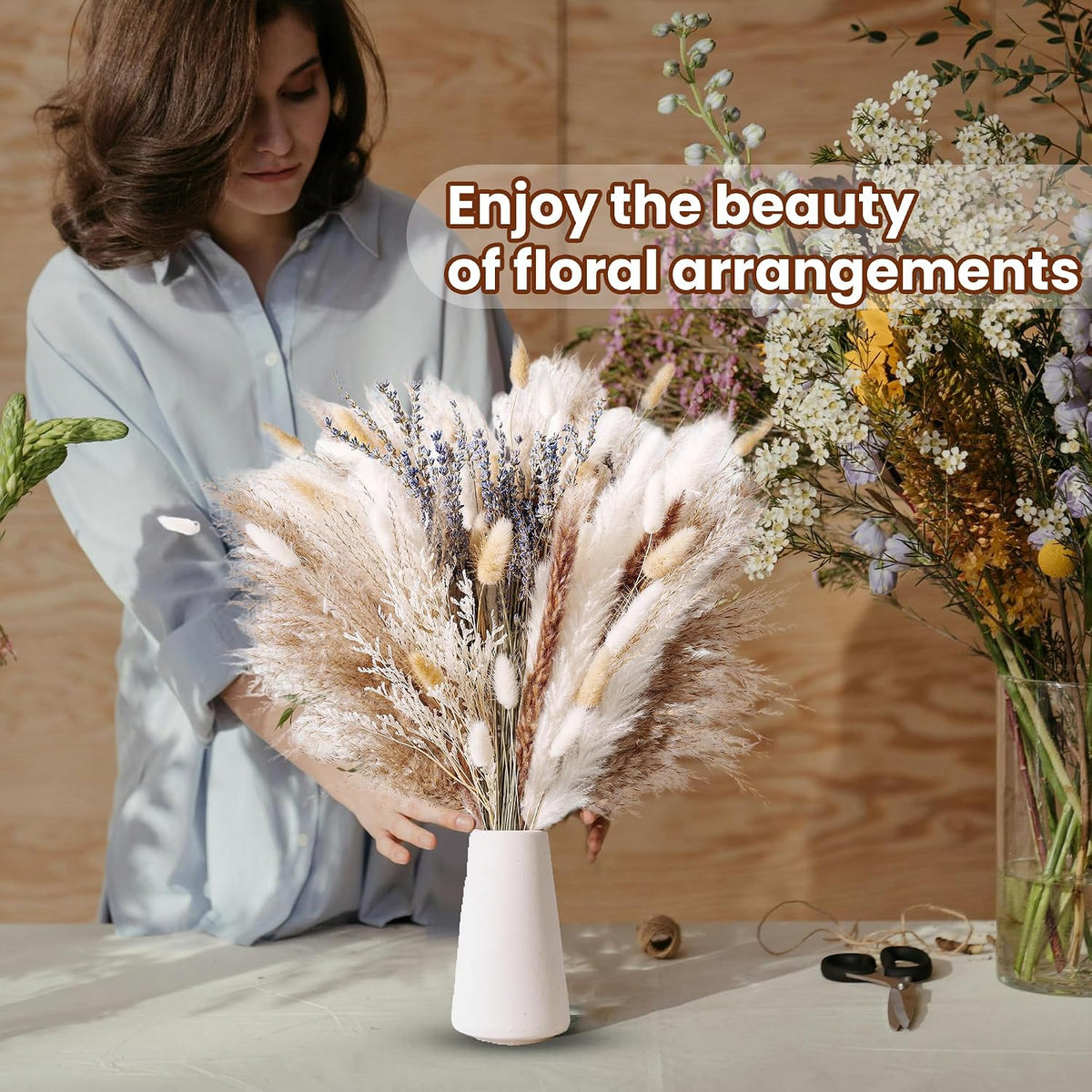 Dried Pampas Grass Bouquet – Floral Decor for Home, Wedding, Mantel & Table Centerpiece – Beige & White Pampas, Bunny Tail Dried Flowers, Lavender – Boho Chic, Rustic Farmhouse & Aesthetic Room Decor