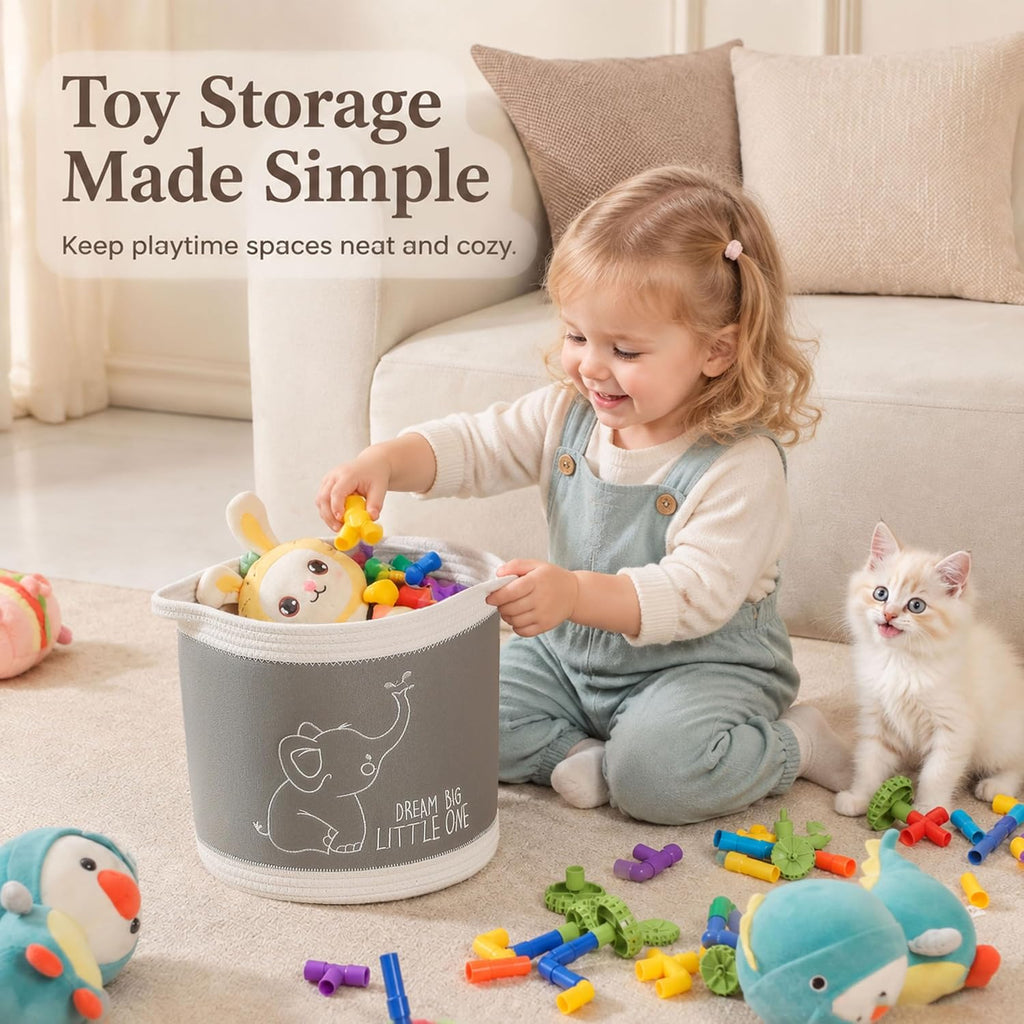 Toy Basket for Baby Laundry Hamper Blanket Baskets Cute Elephant Nursery Hampers Toy Storage Basket, Woven Cotton Rope Nursery Organization Bins For Girls Boys Kids Baby Shower Gifts Baskets