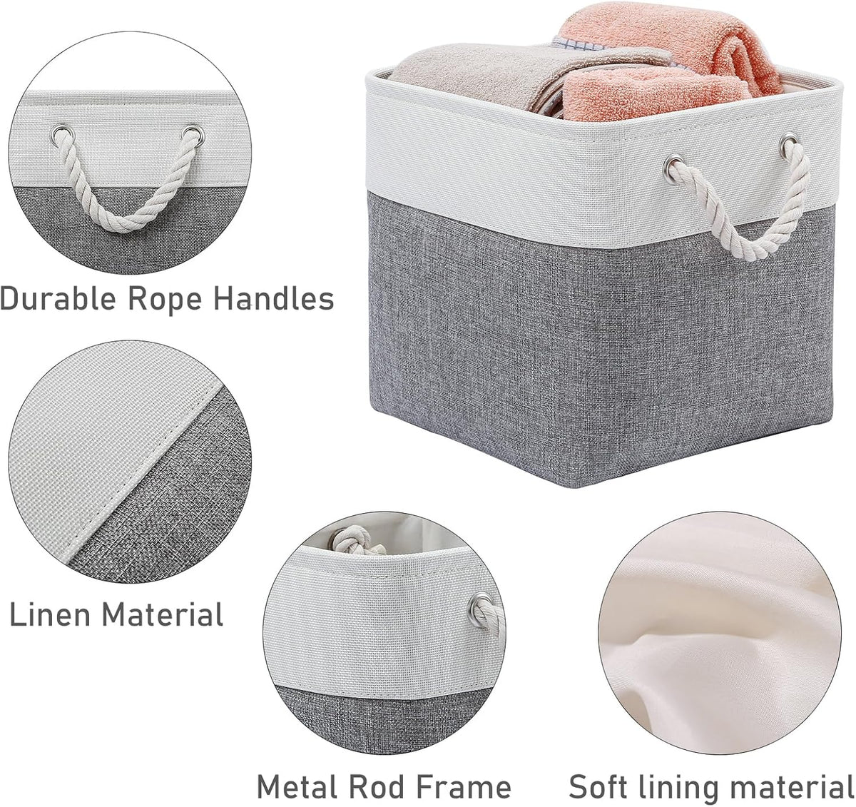 MidmmVick 12 x 12 Inch Cube Storage Bins, 6 Pack Large Collapsible Fabric Storage Bin with Ropes, Foldable Storage Cubes for Home, Office,Closet, Clothes, Toys Organizer (White & Grey)