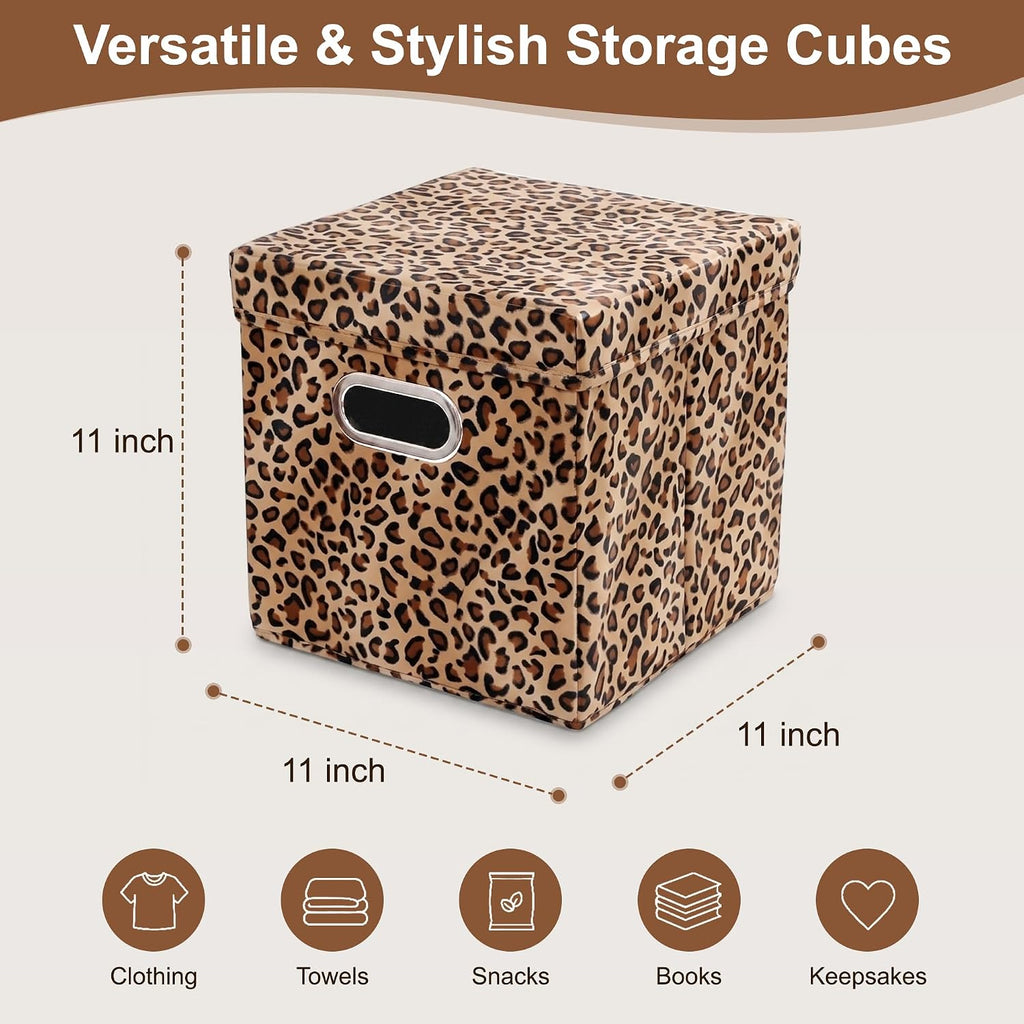 ANMINY Leopard Cheetah Print Storage Cubes Bins with Lids, 11Inch 6PCS