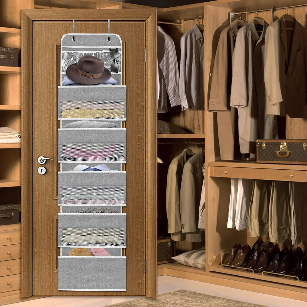 Over the Door Organizer 6 Shelves & 8 Pockets, Zippered Divider, Grey