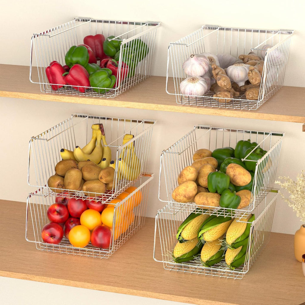 SANNO 14" Stacking Baskets Bin Wire Storage Baskets Organization Farmhouse Scoop Baksket for Pantry, Kitchen, Closets, Bathroom, Cabinets, Kitchen, Narrow, Set of 3