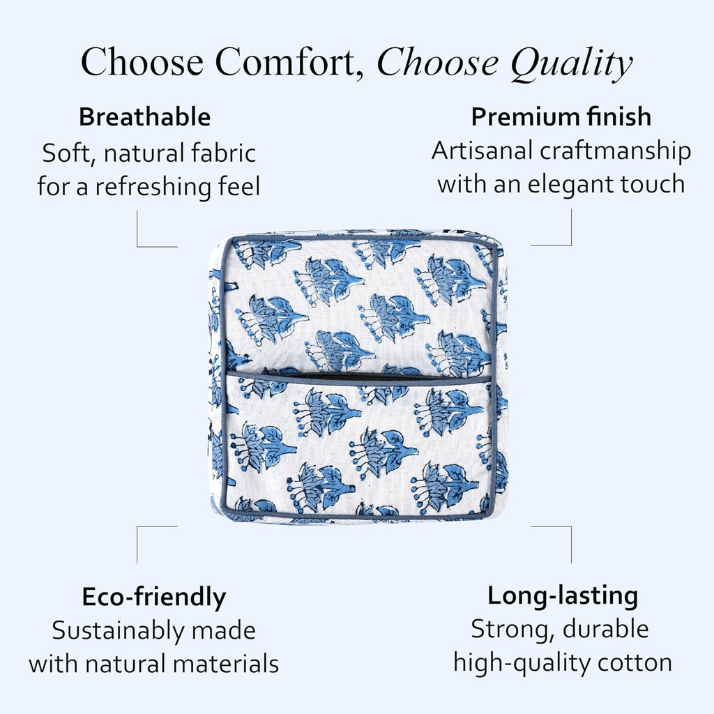 CPC 100% Cotton Piping Block Print Tissue Box Cover, Apatite Blue