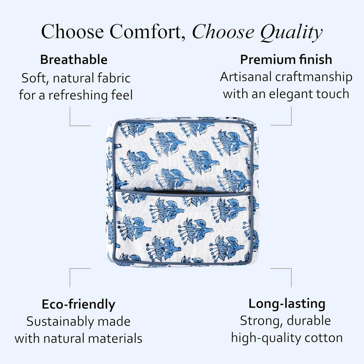 CPC 100% Cotton Piping Block Print Tissue Box Cover, Apatite Blue