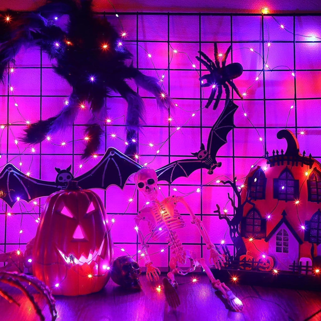 Hiboom 2 Pack Orange and Purple Halloween Lights, 16.4ft 50 LED, 8 Modes Battery Operated Fairy String Lights for DIY Home Bedroom Holiday Party Decor
