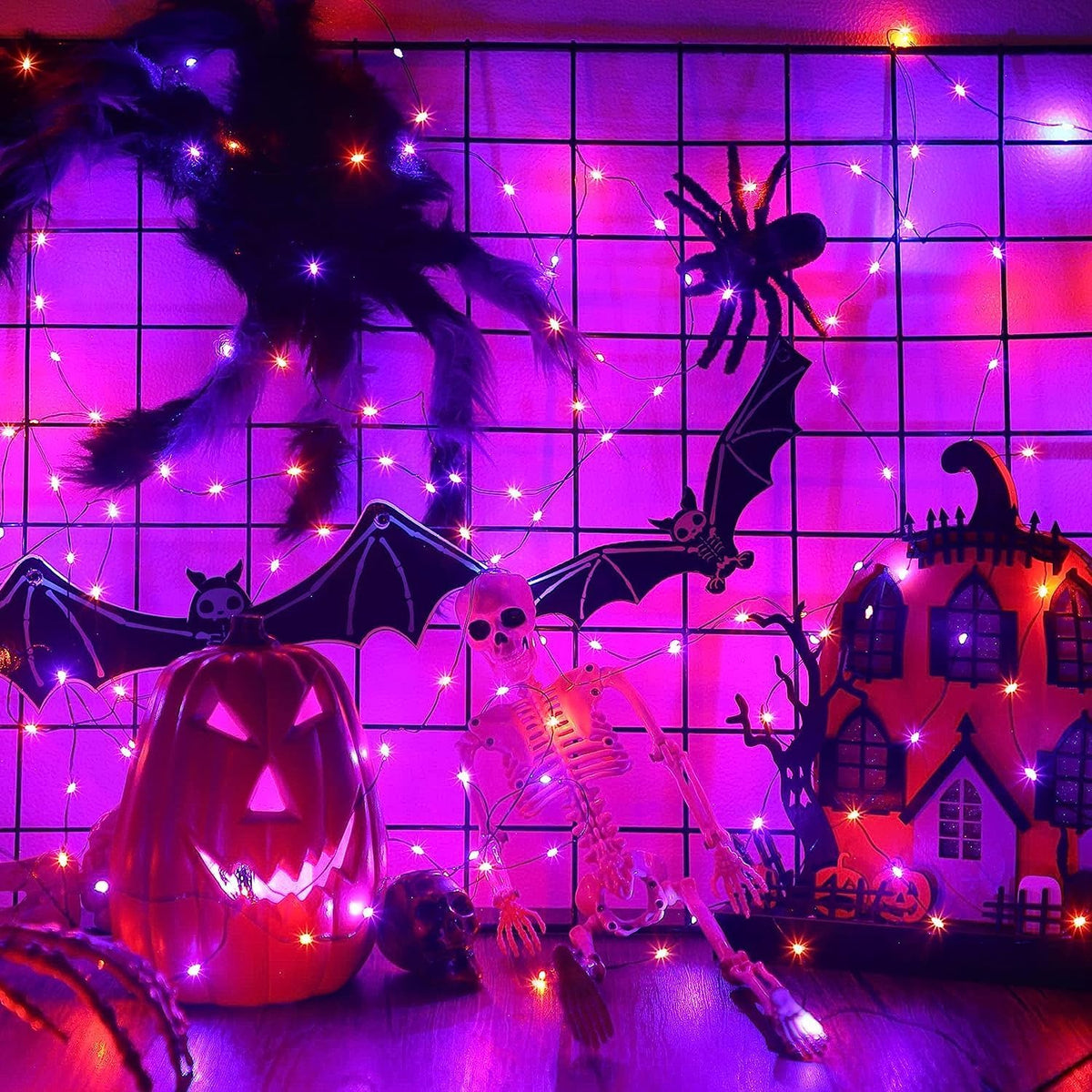Hiboom 2 Pack Orange and Purple Halloween Lights, 16.4ft 50 LED, 8 Modes Battery Operated Fairy String Lights for DIY Home Bedroom Holiday Party Decor