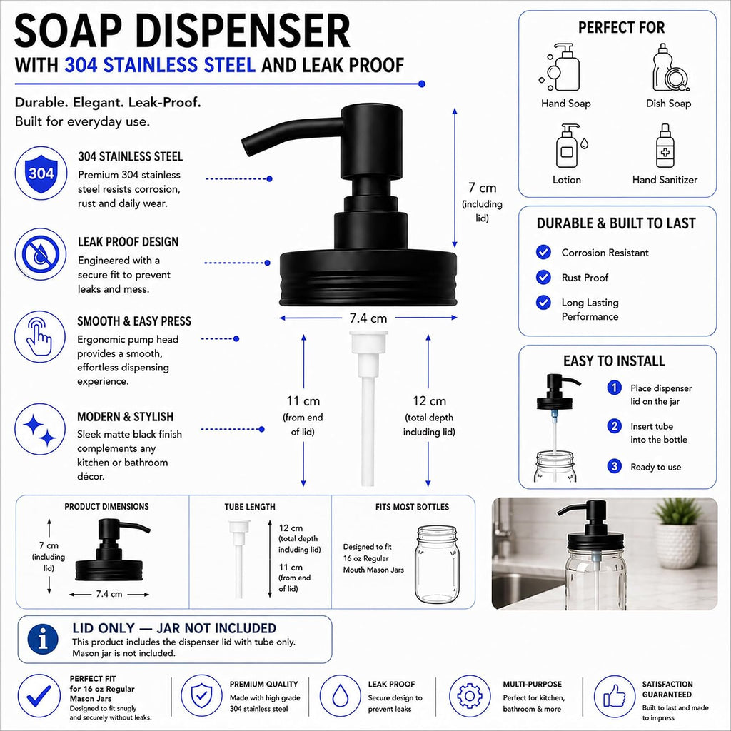 Black Mason Jar Soap Dispenser Lid – Lid Only, No Jar – Matte Black Stainless Steel Pump for All Regular Mouth Canning Jars – Rust Proof, Refillable – Farmhouse Kitchen & Bathroom Decor