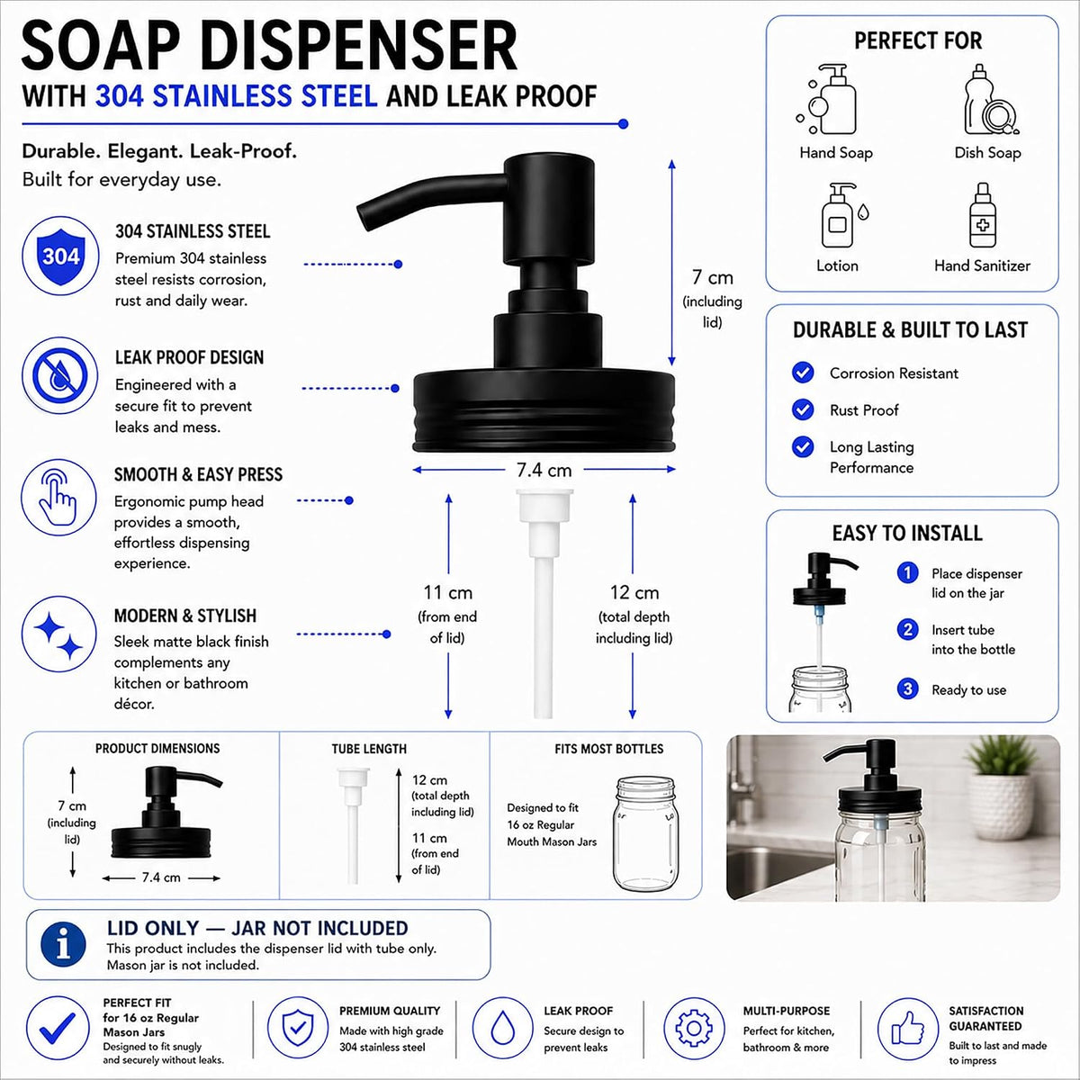 Black Mason Jar Soap Dispenser Lid – Lid Only, No Jar – Matte Black Stainless Steel Pump for All Regular Mouth Canning Jars – Rust Proof, Refillable – Farmhouse Kitchen & Bathroom Decor