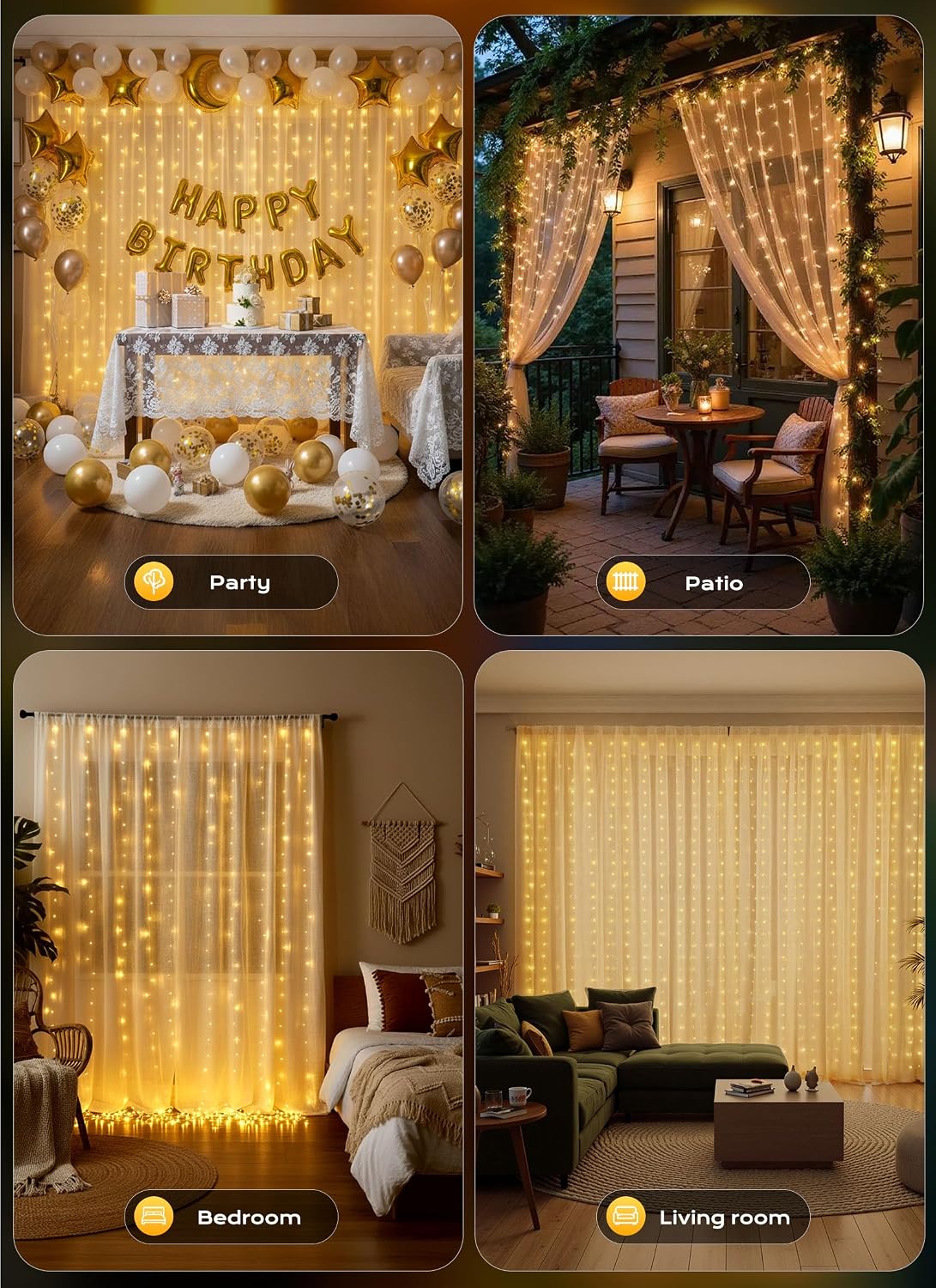 Brightown 600 LED Curtain Lights, 20 FT Plug in Fairy Lights for Bedroom, 8 Lighting Modes, Christmas String Lights for Window Wall Wedding Party Birthday Christmas Decorations, Warm White