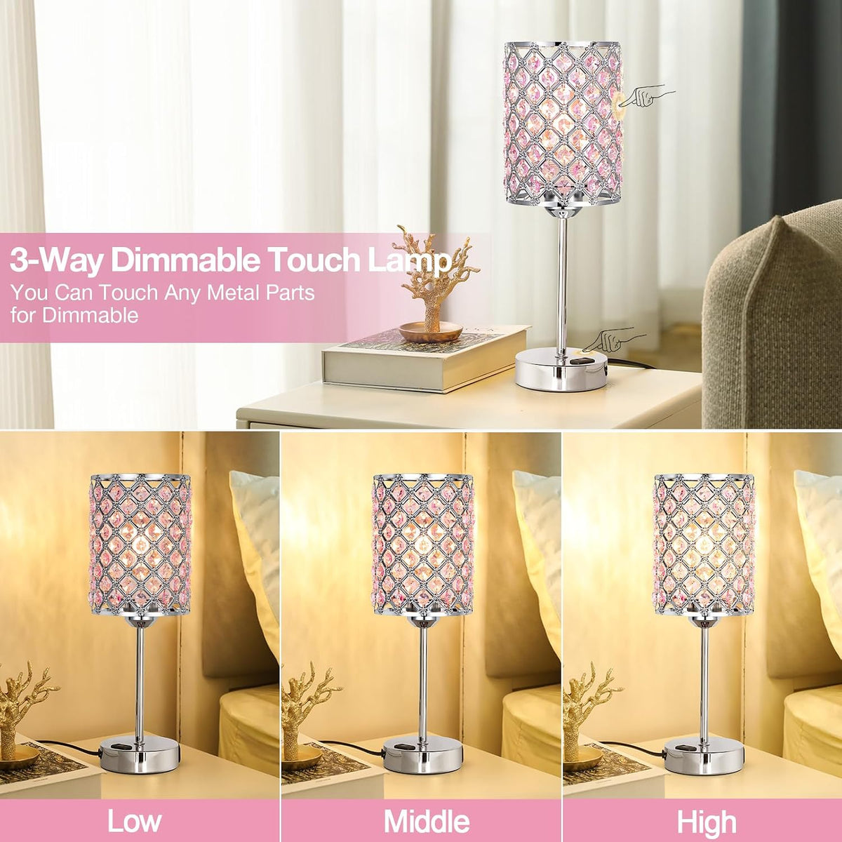Peach Pink Bedside Lamps for Night Stands, Crystal Table Lamp for Bedroom