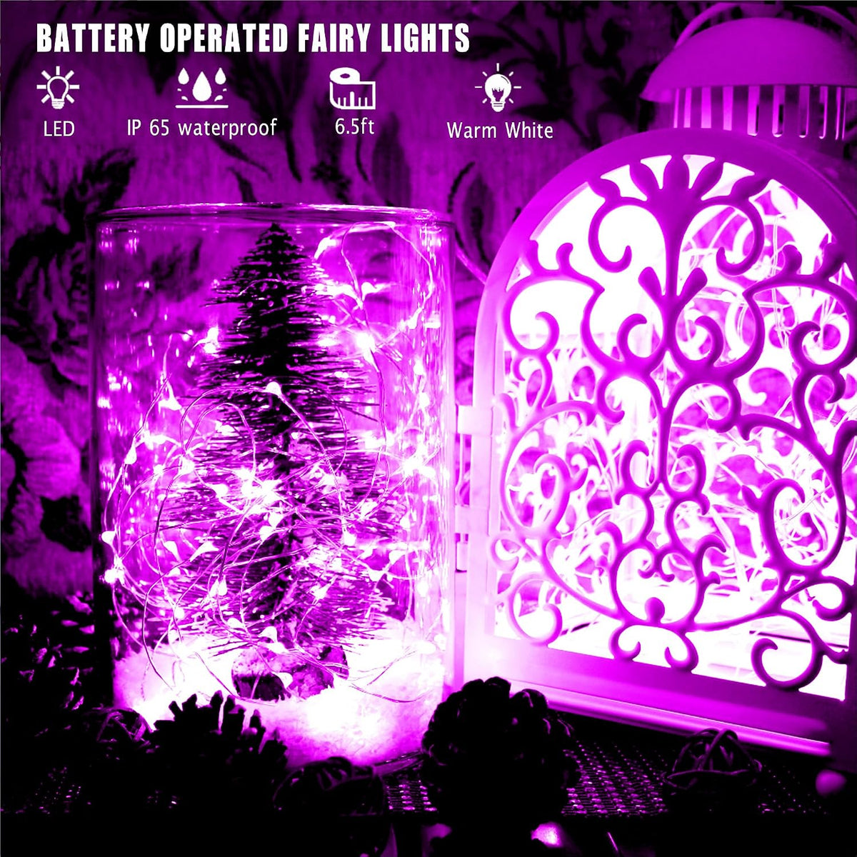 6 Pack Fairy Lights Battery Operated 10ft Silver Wire 30LEDs Pink