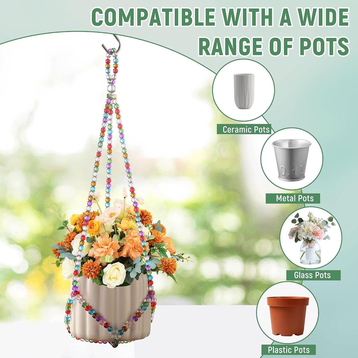 1Pack Glass Beaded Plant Hanger Indoor,Rainbows Hanging Planters for Outdoor Plants,Colored Macrame Plant Hanger,Boho Handmade Farmhouse Rustic Decor,17 Inch(Pot Not Included)