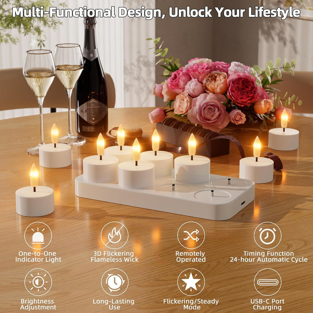 Rechargeable Flameless Tea Lights Candles with Charging Station Remote 8Pcs