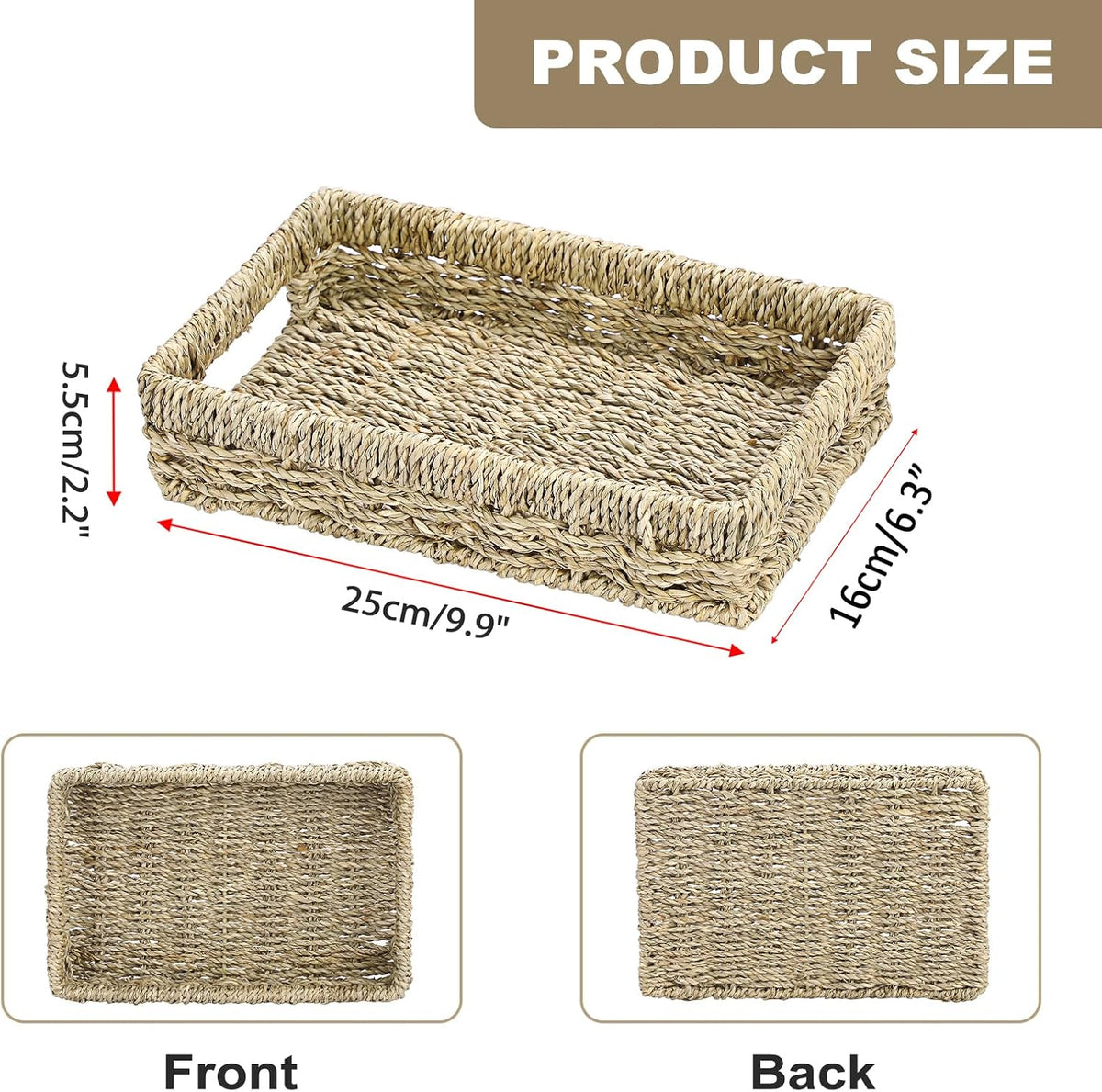 Bathroom Vanity Tray, Seagrass Narrow Counter Basket with Handles