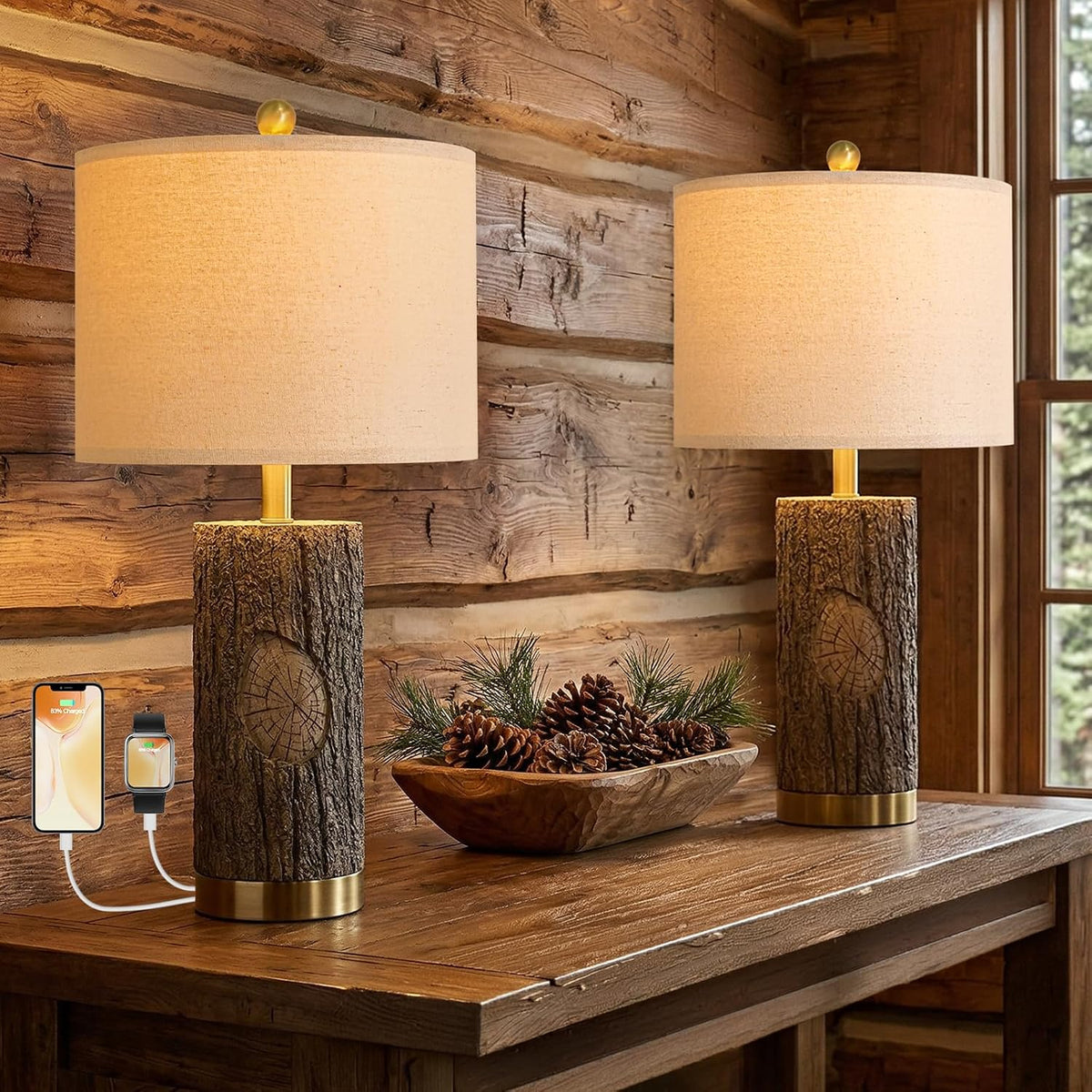OYEARS 25.5'' Rustic Farmhouse Table Lamps, Faux Wood Tree Bark Lamps with Gold Base, Bedside Lamps Set of 2 with A+C Charging Ports, Retro Nightstand Lamps for Living Room Bedroom Hallway Decor Brown