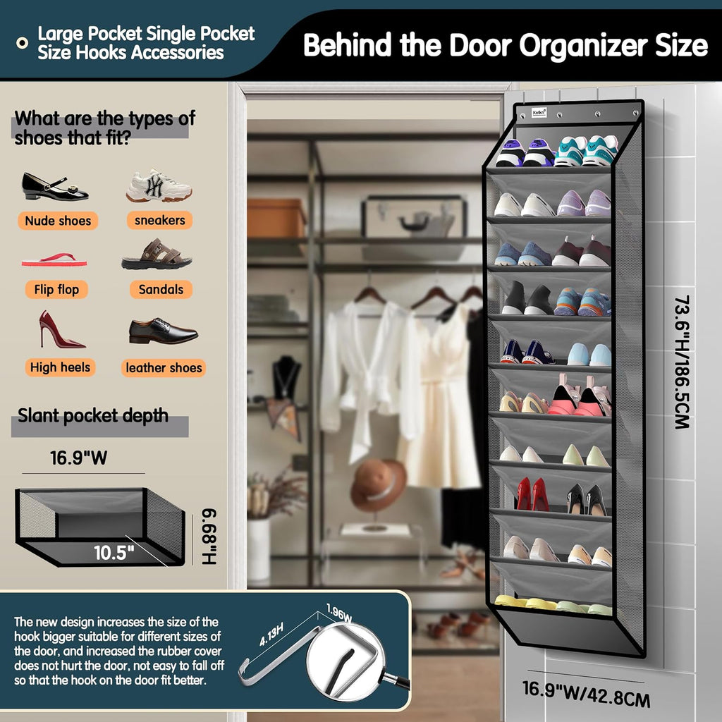 Kotkn 10 Tier Over The Door Organizer - Heavy Duty Hanging Storage Rack with Sturdy Oxford Fabric, Holds 20+ Pairs of Footwear, Boots & Sneakers, Saves 50% Closet Space (Gray)