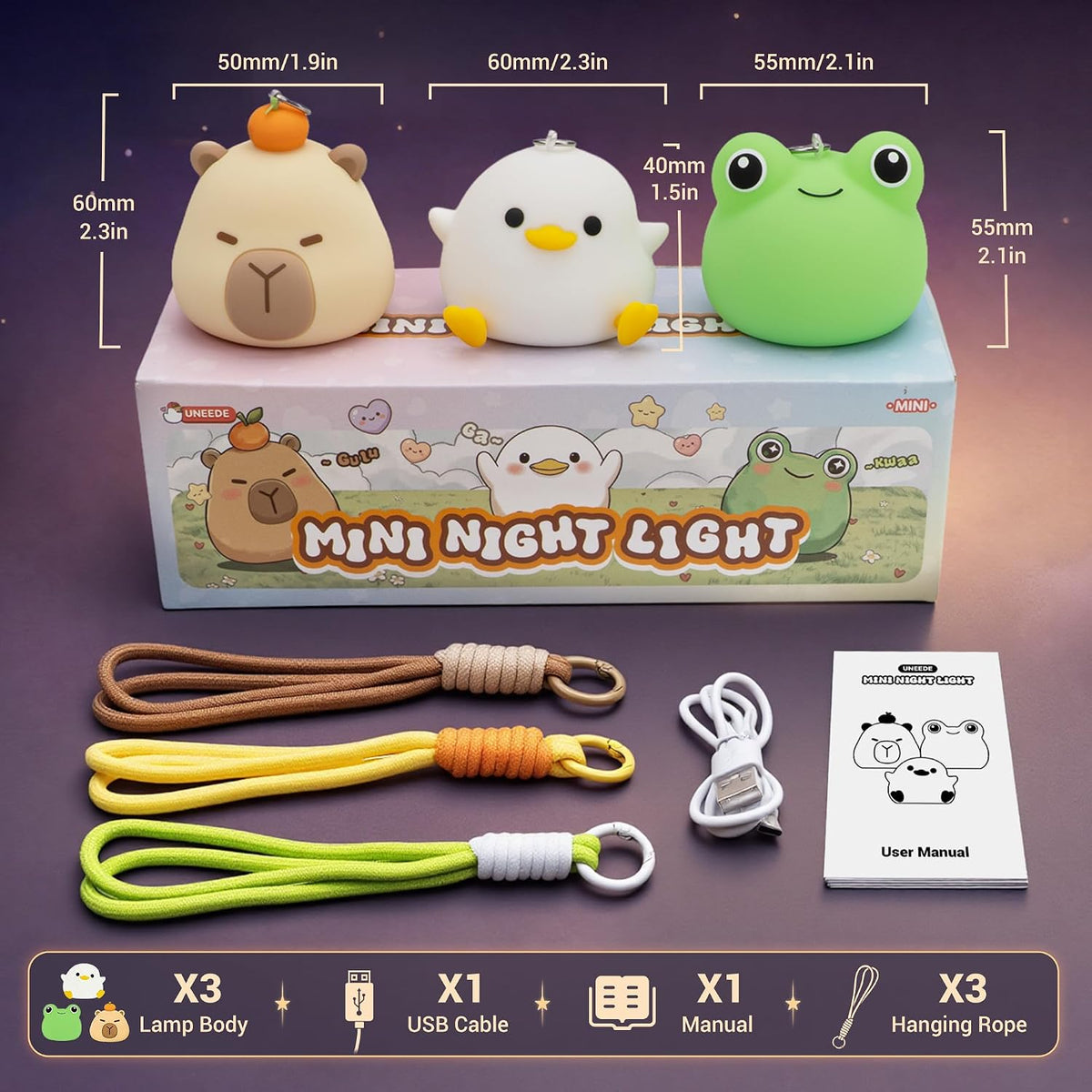 UNEEDE 3 Pack Mini Animal Night Light Set, Mini Capybara, Frog & Duck Lamp