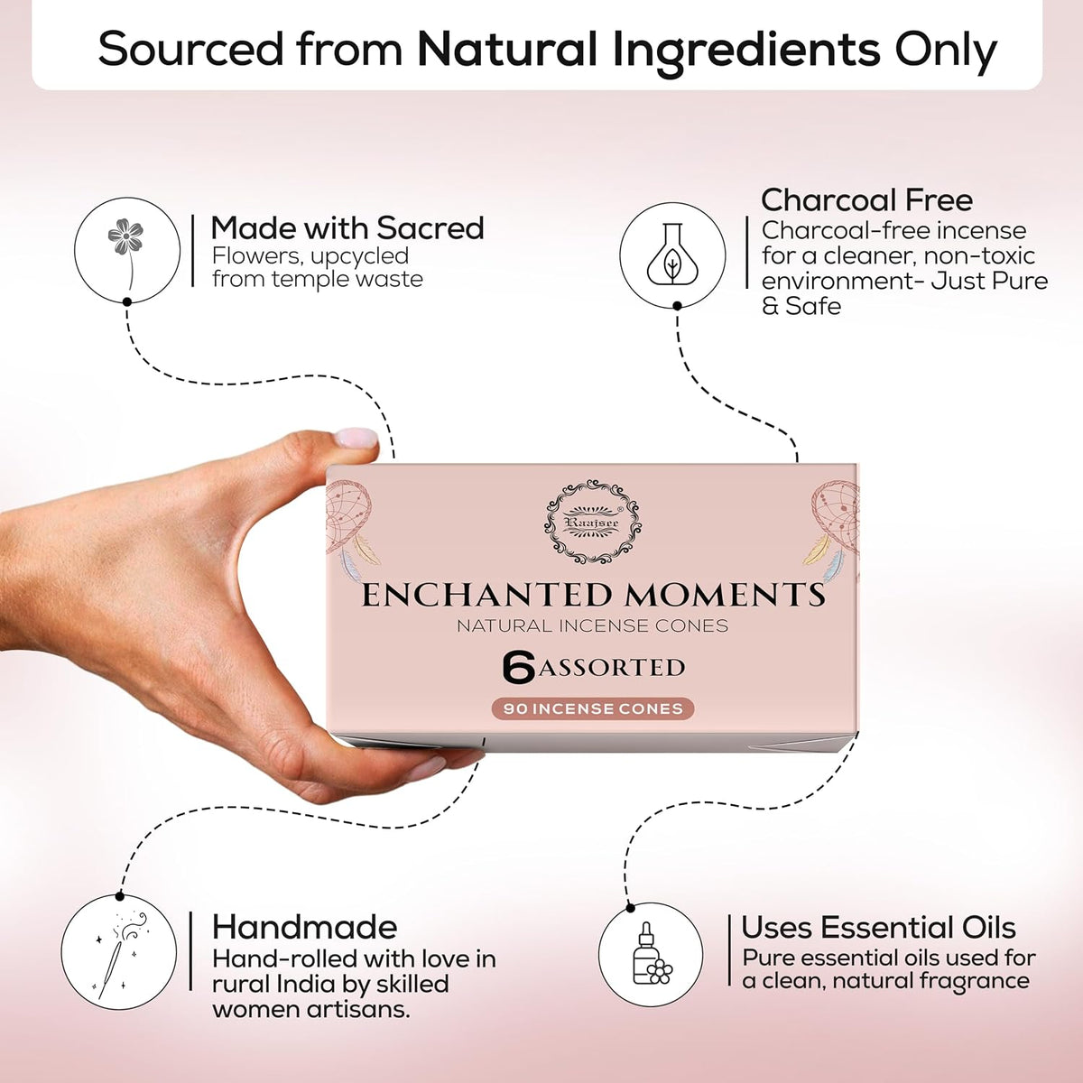 Natural Incense Cones, 6 Pack Enchanted Moments Cone Incense Gift Pack 15 pc Each (90 Total), Insence Cones 100% Organic Non Toxic Natural