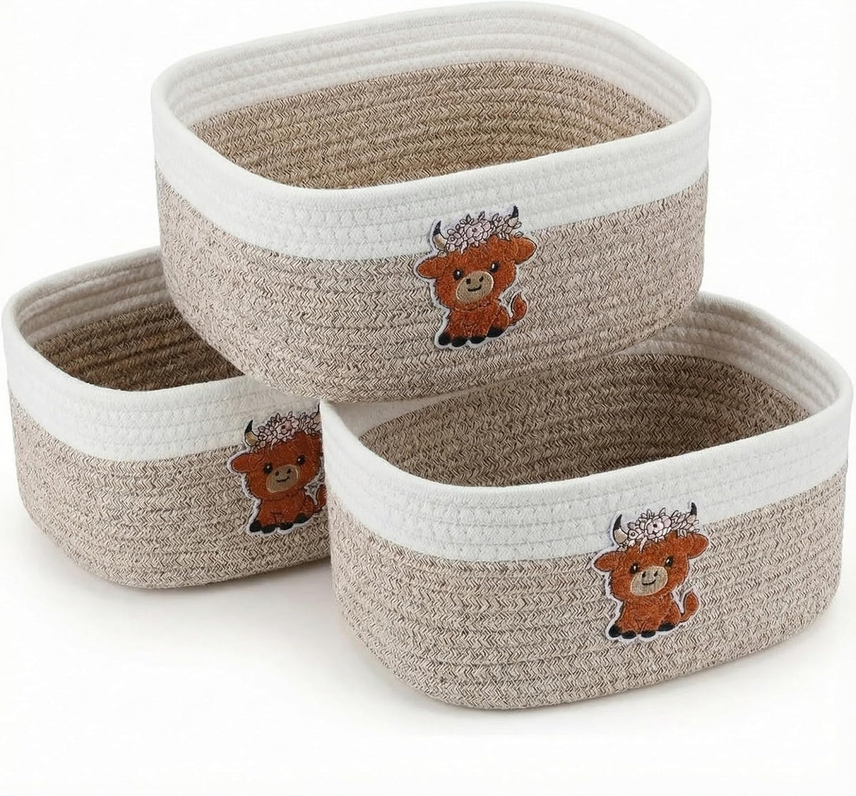 Geelin 3 Pcs Highland Cow Baskets for Gift Cute Farmhouse Brown Woven Rope Gift Baskets Shelf Organizer Laundry Hamper Storage Bin for Closet Bedroom Decor Nursery Toy Organizing, 11.8''x7.8''x4.7''